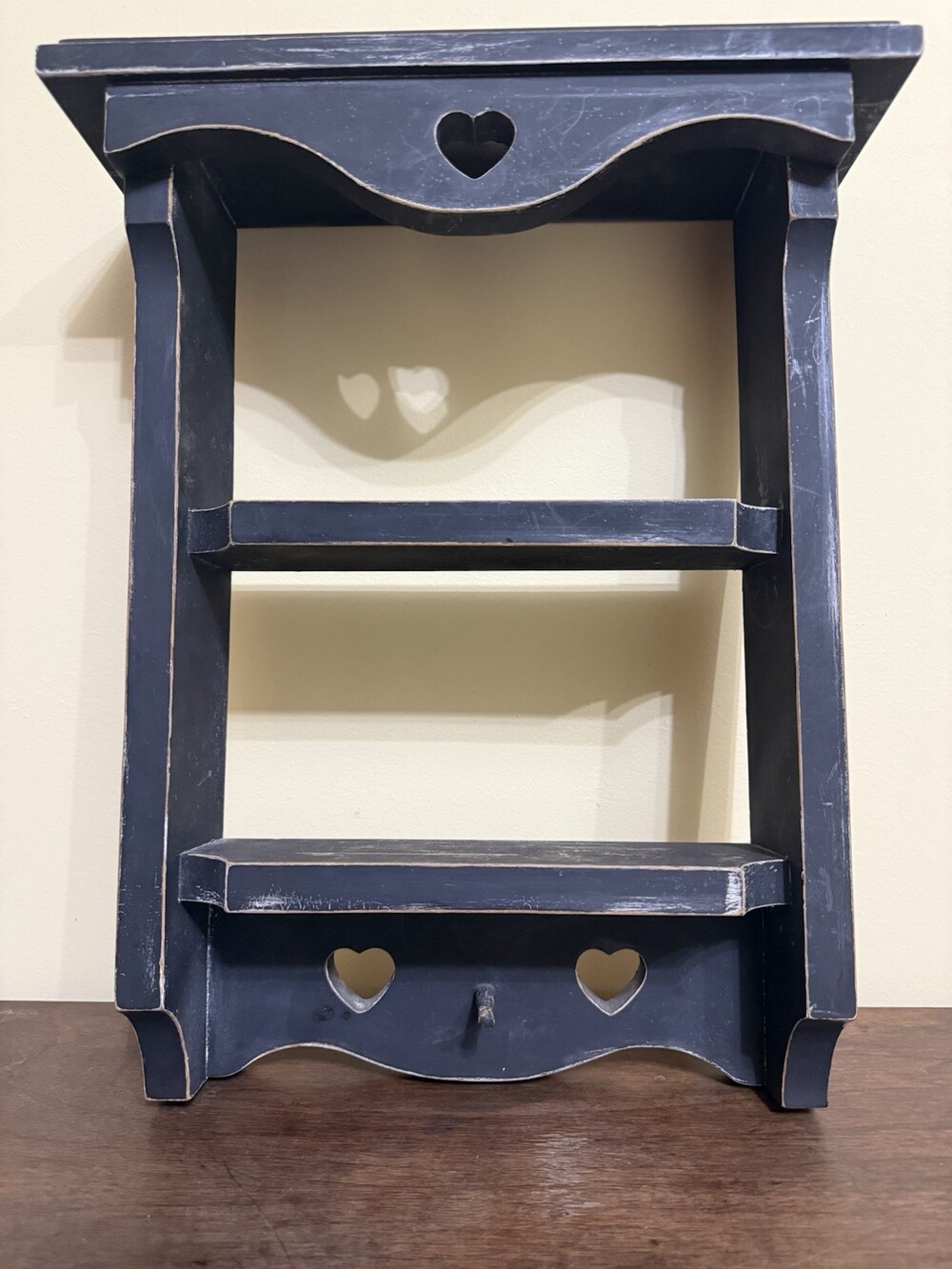 Vintage 90s Wood Wall 3 Shelf Heart Cutout Country Farmhouse Blue Black 18x14
